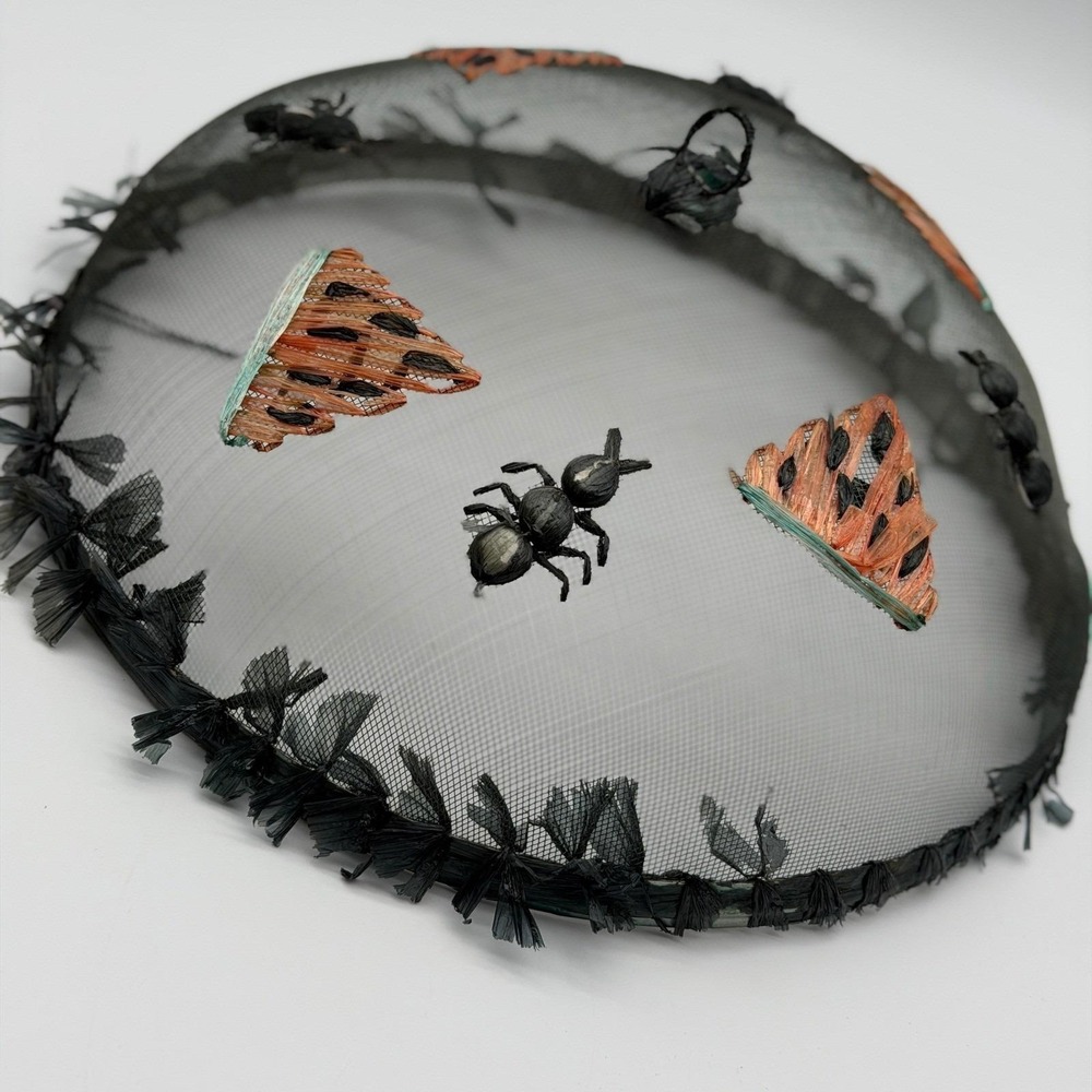 Vintage Style Mesh Food Cover Watermelon Ants Raffia Detail Black 14 Inch Dome